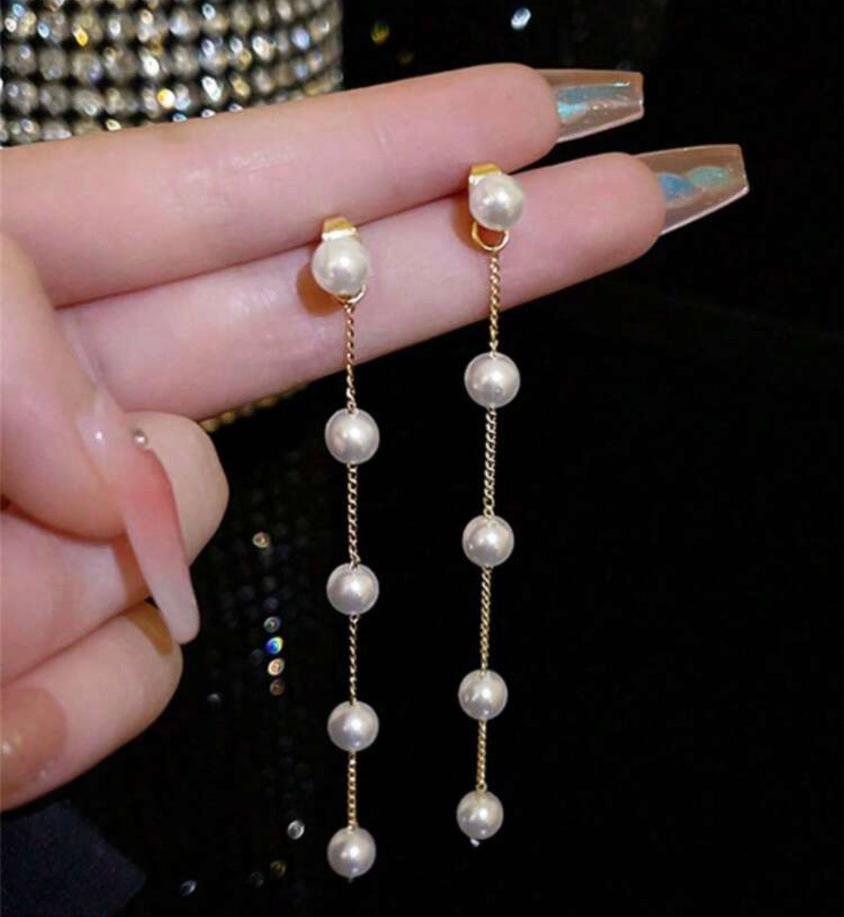 Long Gold Chain Drop Earrings with Pearl Accents