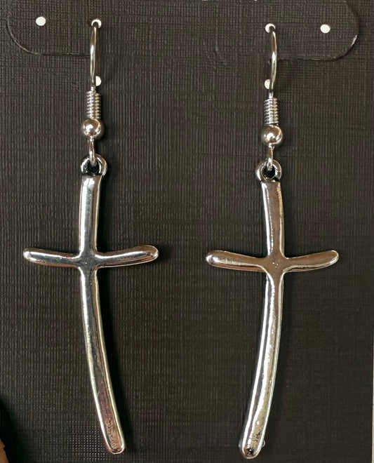 Shiny Silver Cross Dangle Earrings