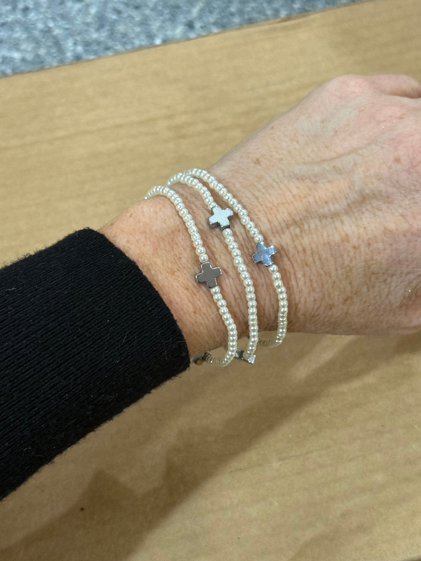 3 pc. Set Silver & Pearl Stretch Bracelets with Silver Cross Accents