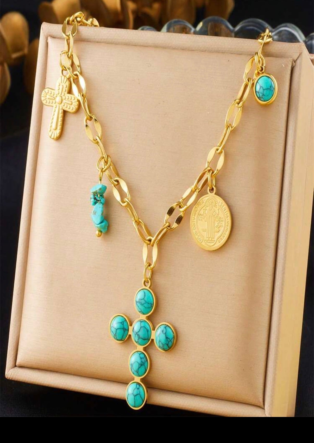 Gold & Turquoise Cross Charm Necklace