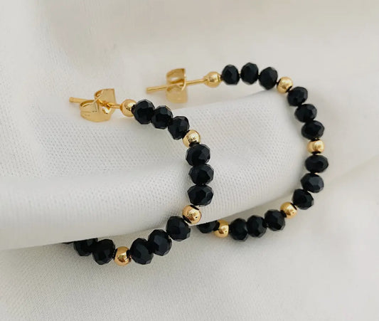 Black & Gold Beaded Hoop Earrings
