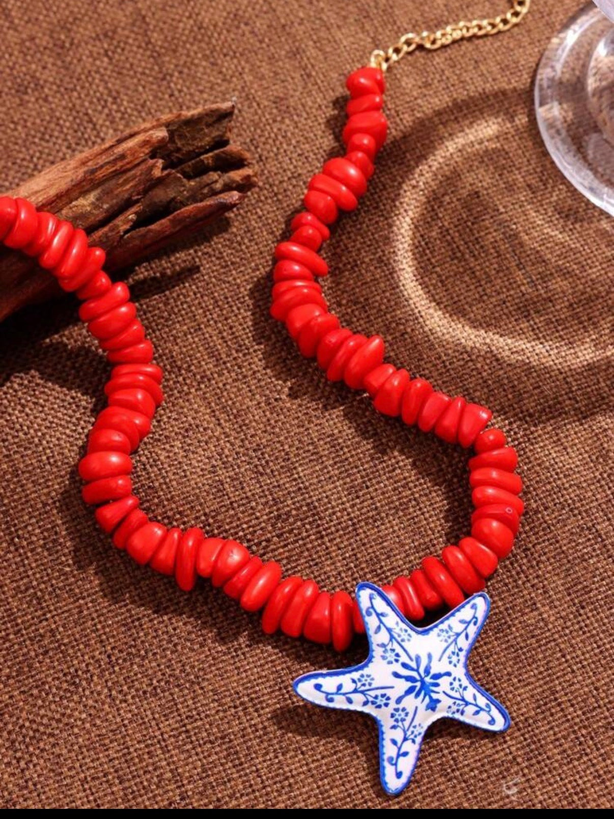 Red Stone Beaded Necklace with Blue & White Painted Starfish Pendant