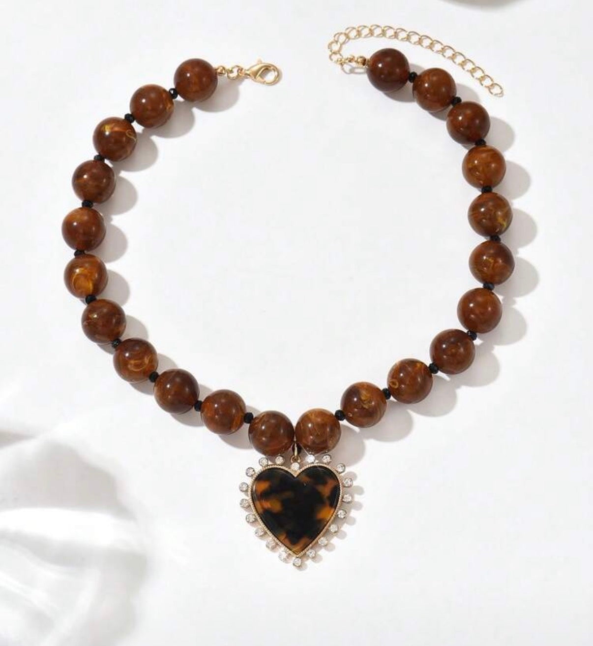 Brown Resin Beaded Necklace with Brown & Gold Spiky Heart Pendant