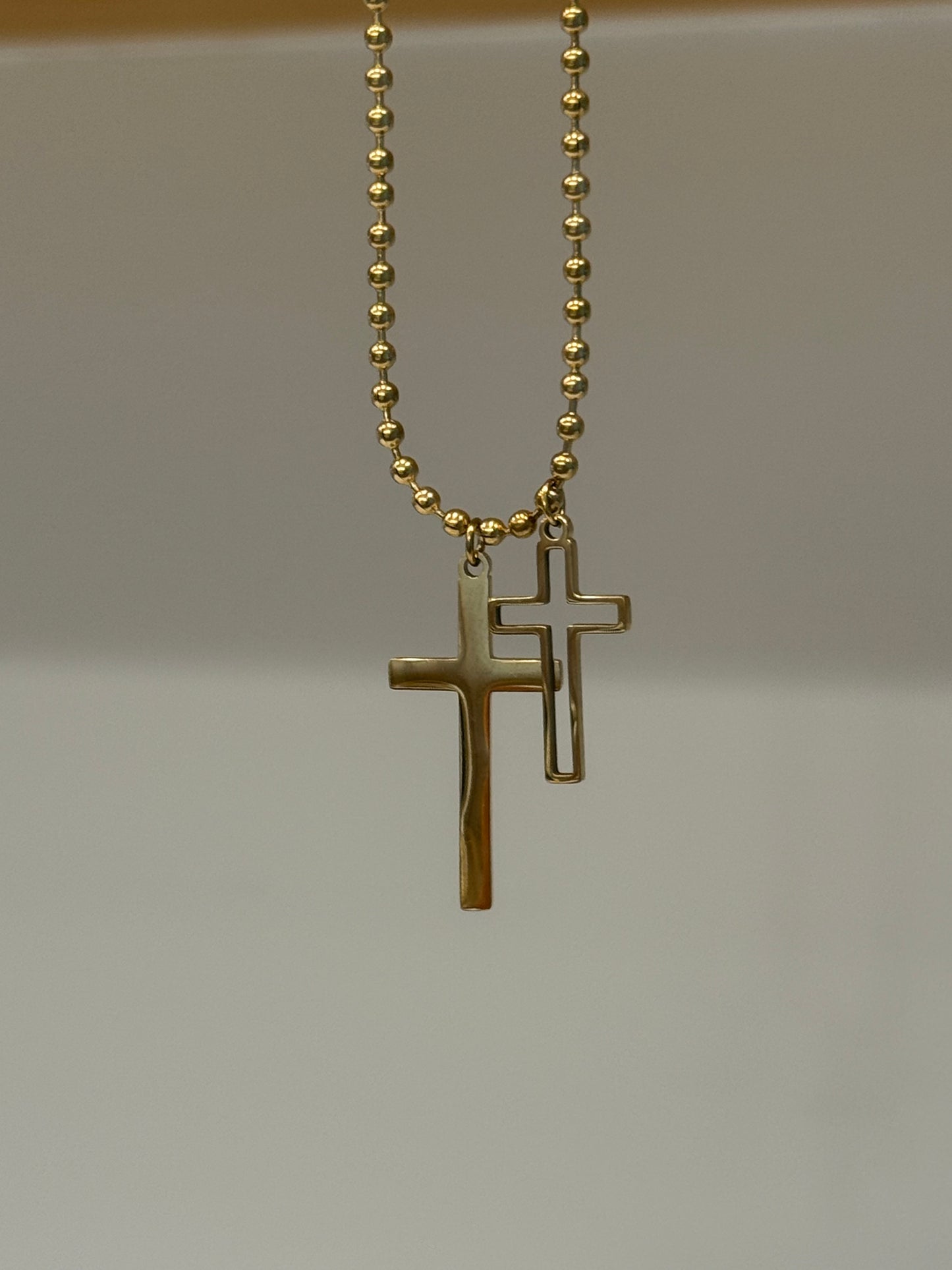 Gold Stainless Steel Double Cross Charms on Gold Ball Beaded Chain
