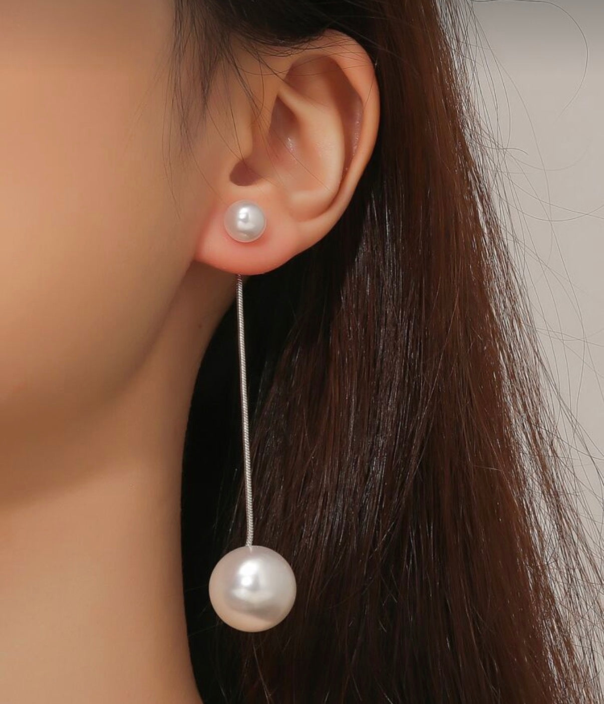 Gold Chain Dangle Earrings with Double Pearl Ball Accents