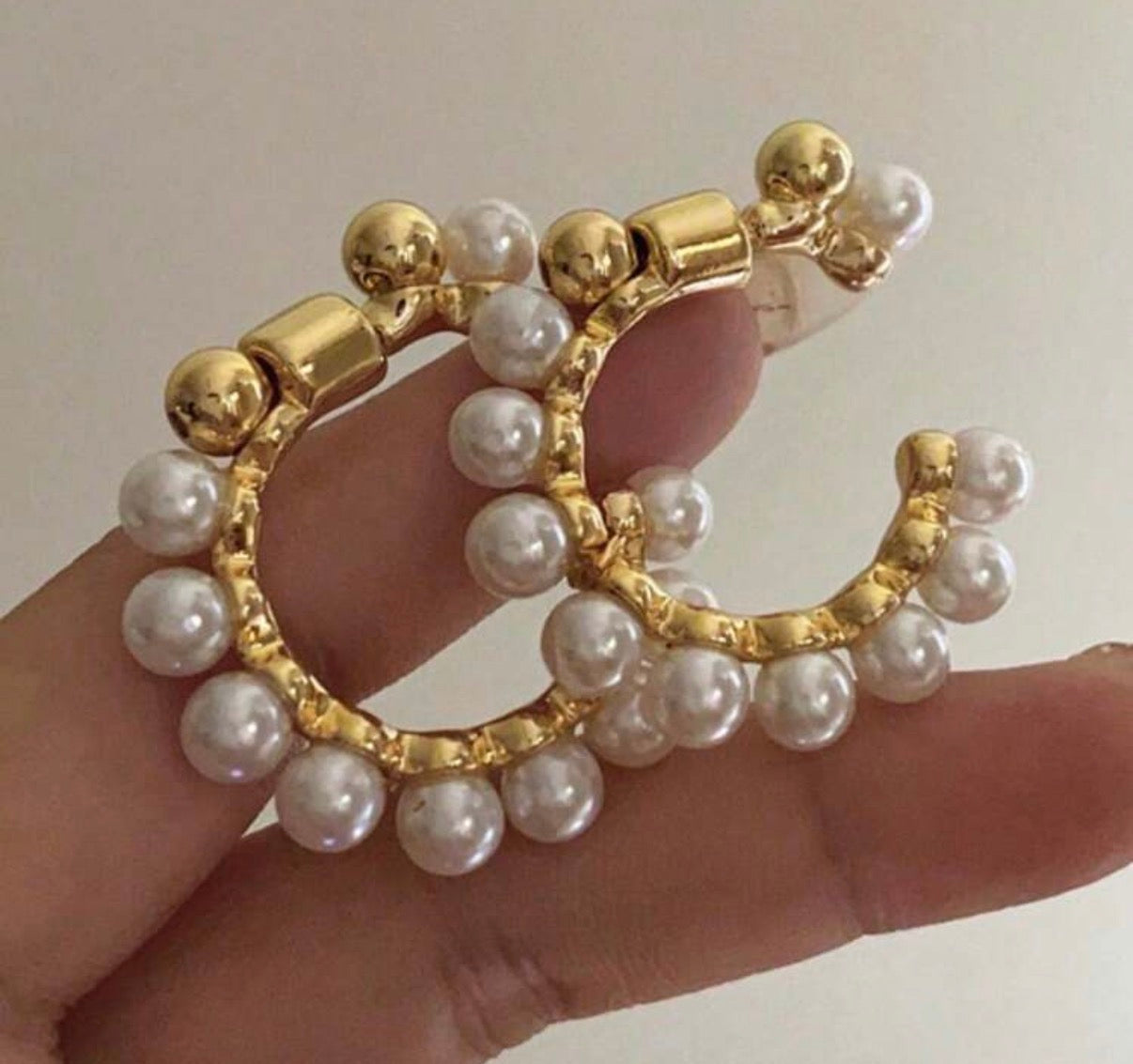 Large C-Shape Gold Hoops with Pearl Beaded Accents