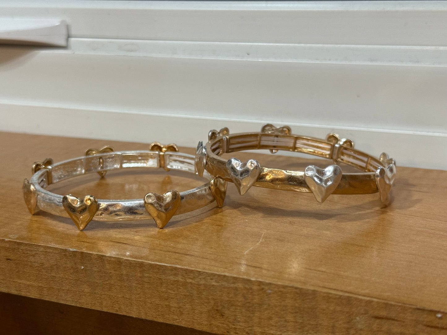 Two-Tone Silver Stretch Bangle Bracelet with Hammered Gold Heart Details