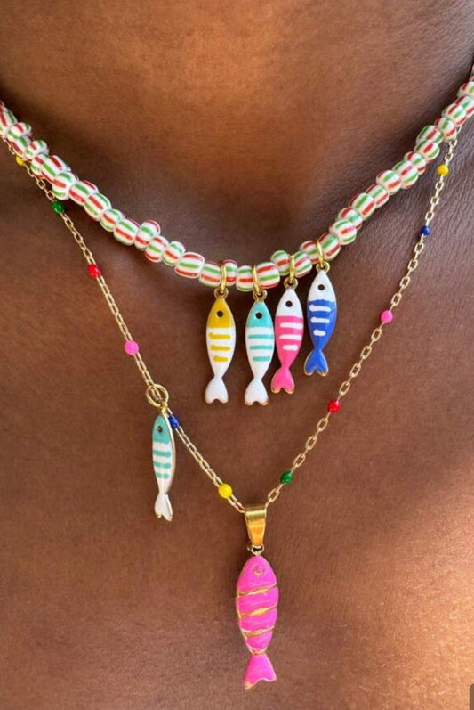 2 Piece Layered Fish Necklace Set - Both Colorful Beaded Necklaces with Miltiple Hanging Fish Charms