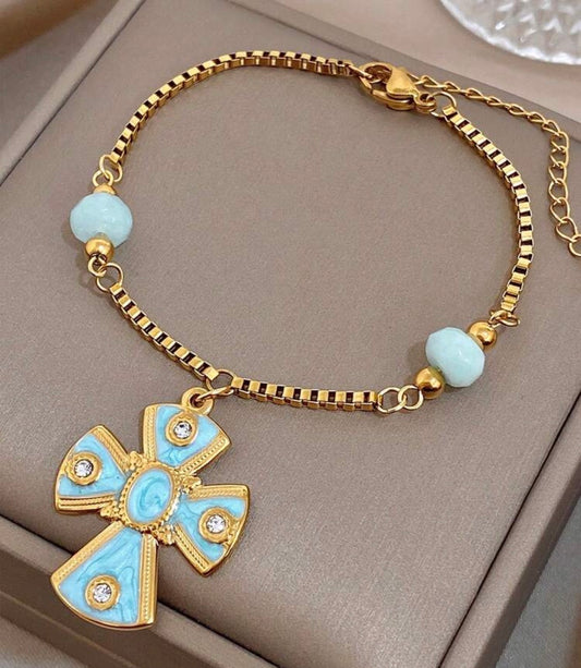 Gold & Light Turquoise Enamel Cross Bracelet