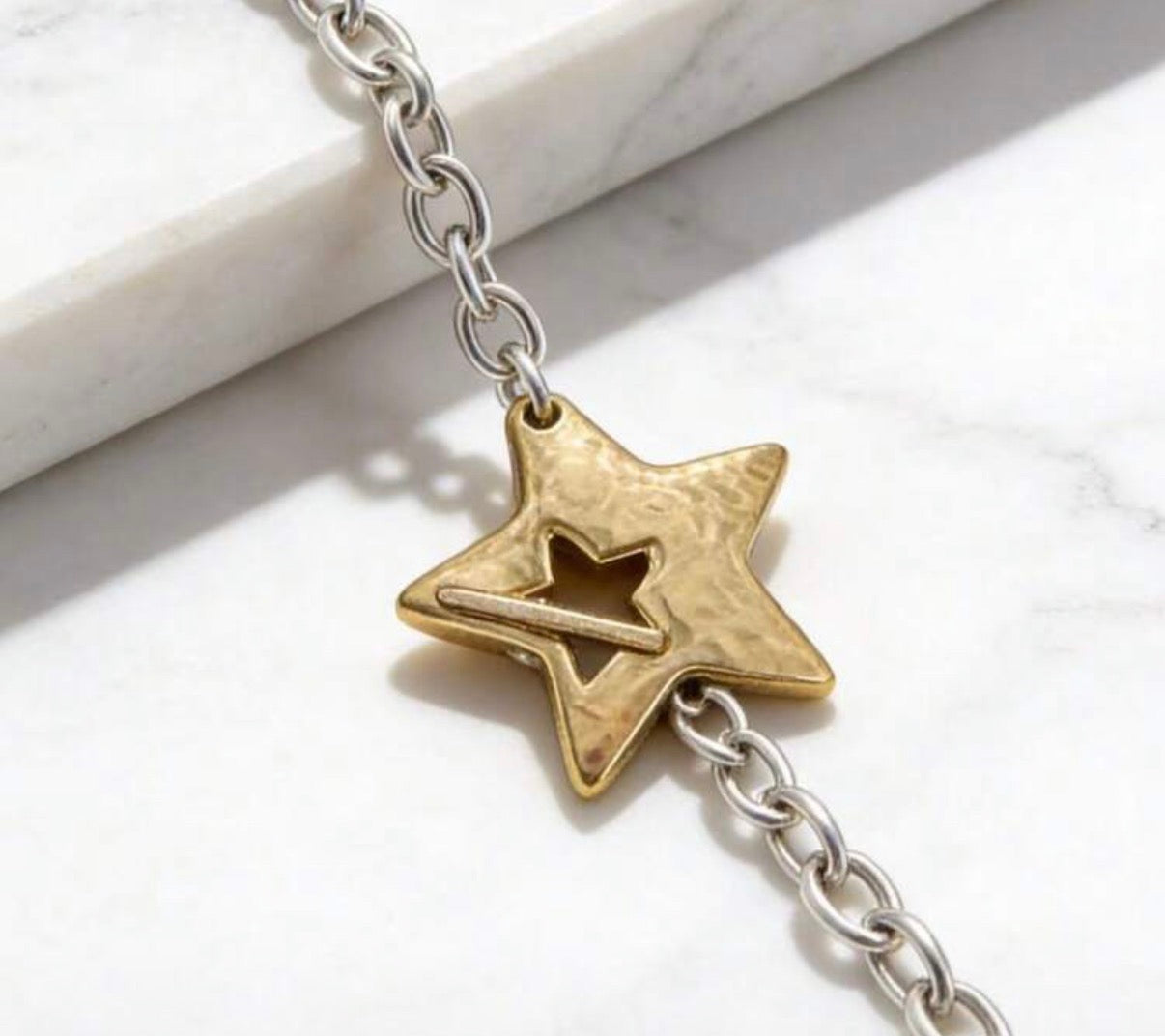 Two-Tone Silver Toggle Chain Bracelet with Gold Star Accent