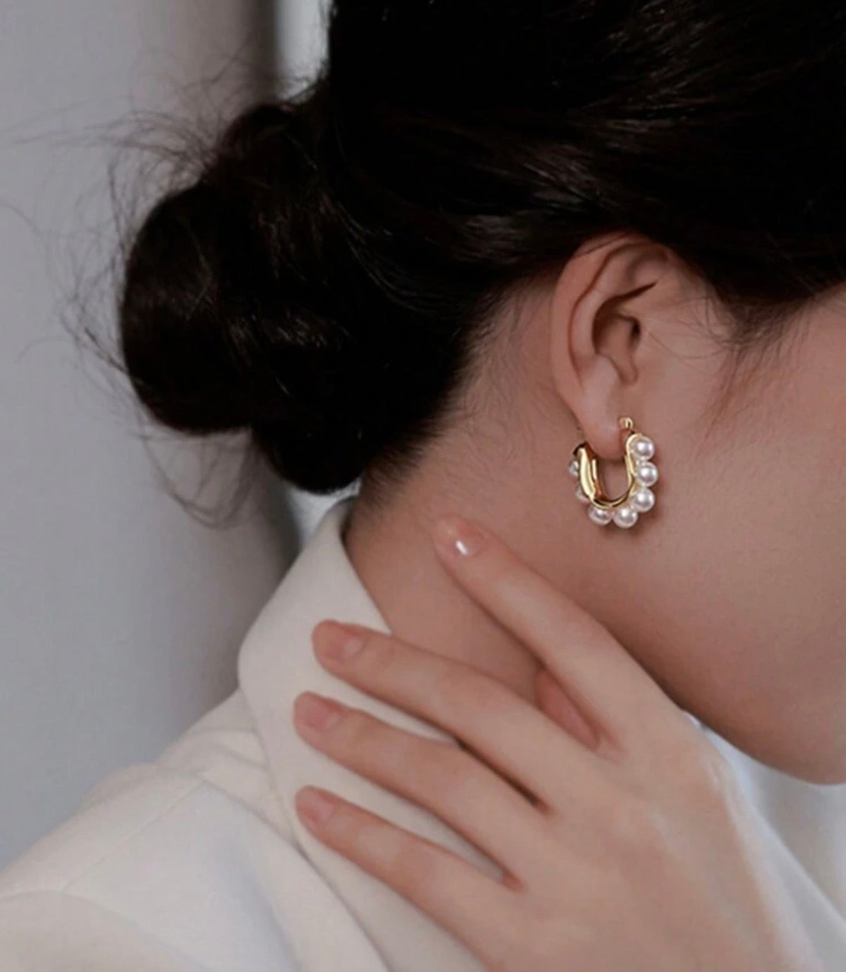 Gold Huggie Hoop Earrings with Pearl Beads