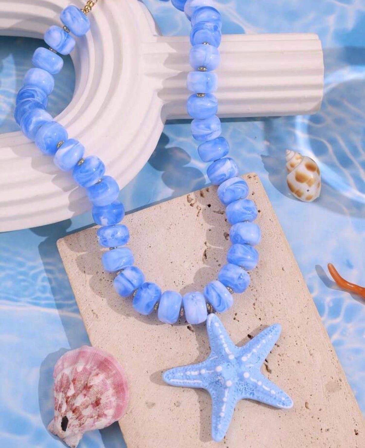 Bright Periwinkle Blue Beaded Necklace with Starfish Pendant