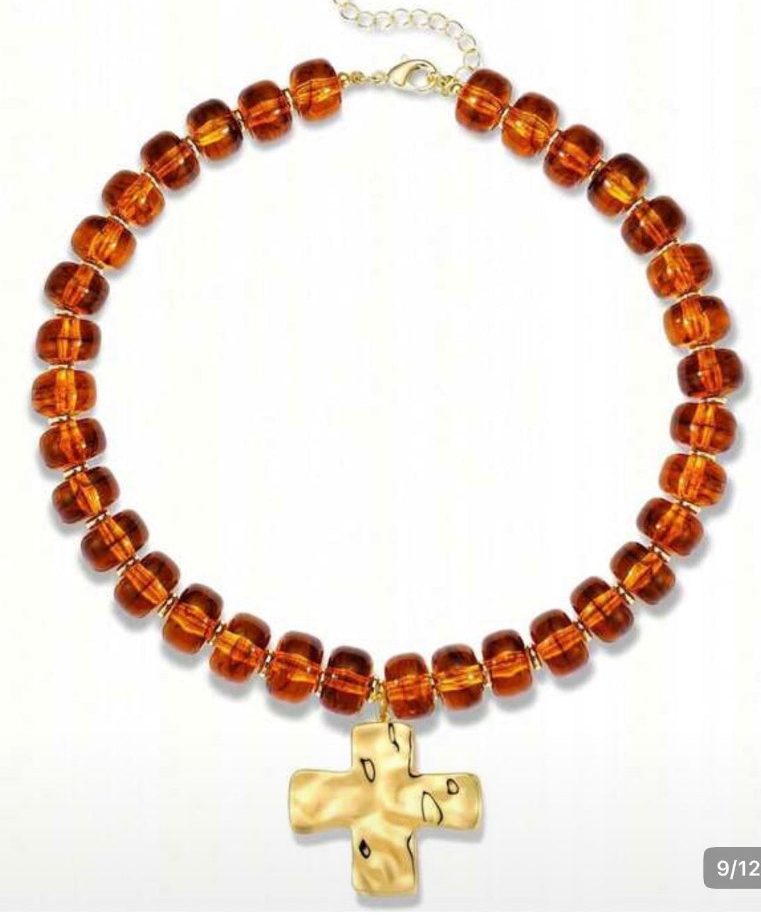 Brown/Amber Acrylic Beaded Necklace with Gold Hammered Cross Pendant