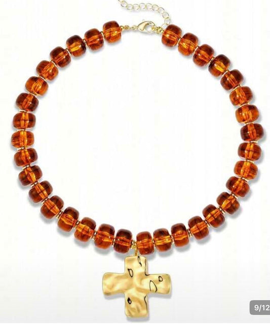 Brown/Amber Acrylic Beaded Necklace with Gold Hammered Cross Pendant
