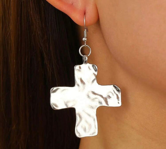 Hammered Silver KD Signature Cross Earrings