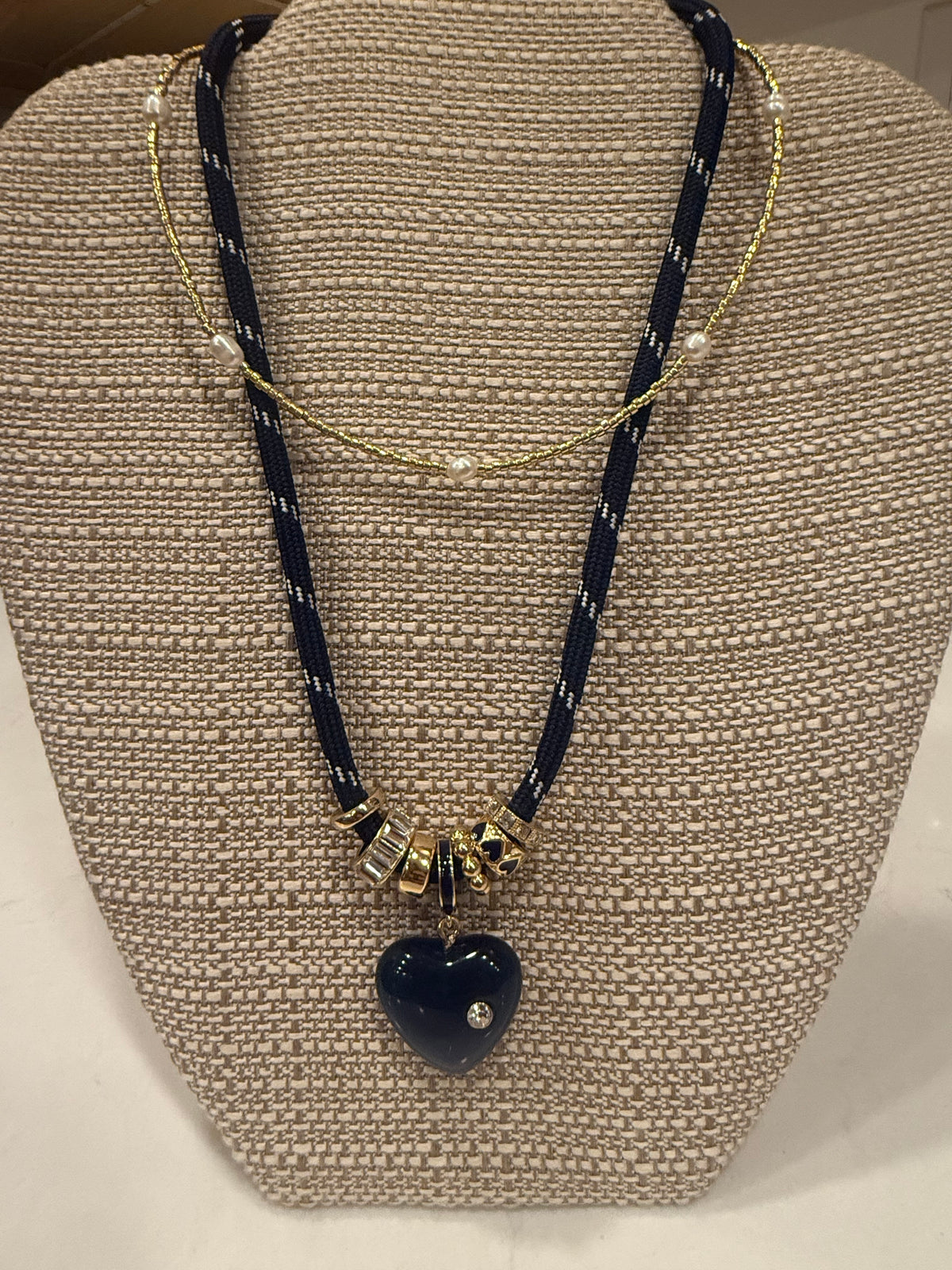 Navy Paracord Rope Choker with Gold & Enamel Charms, Navy Marbled Heart with Tiny Crystal Pendant
