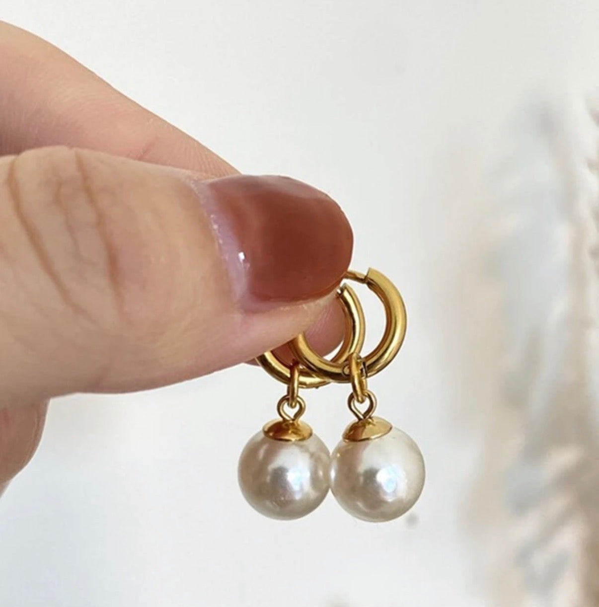 Gold Stainless Steel Huggie Hoop Earrings with Drop/Dangle Pearl