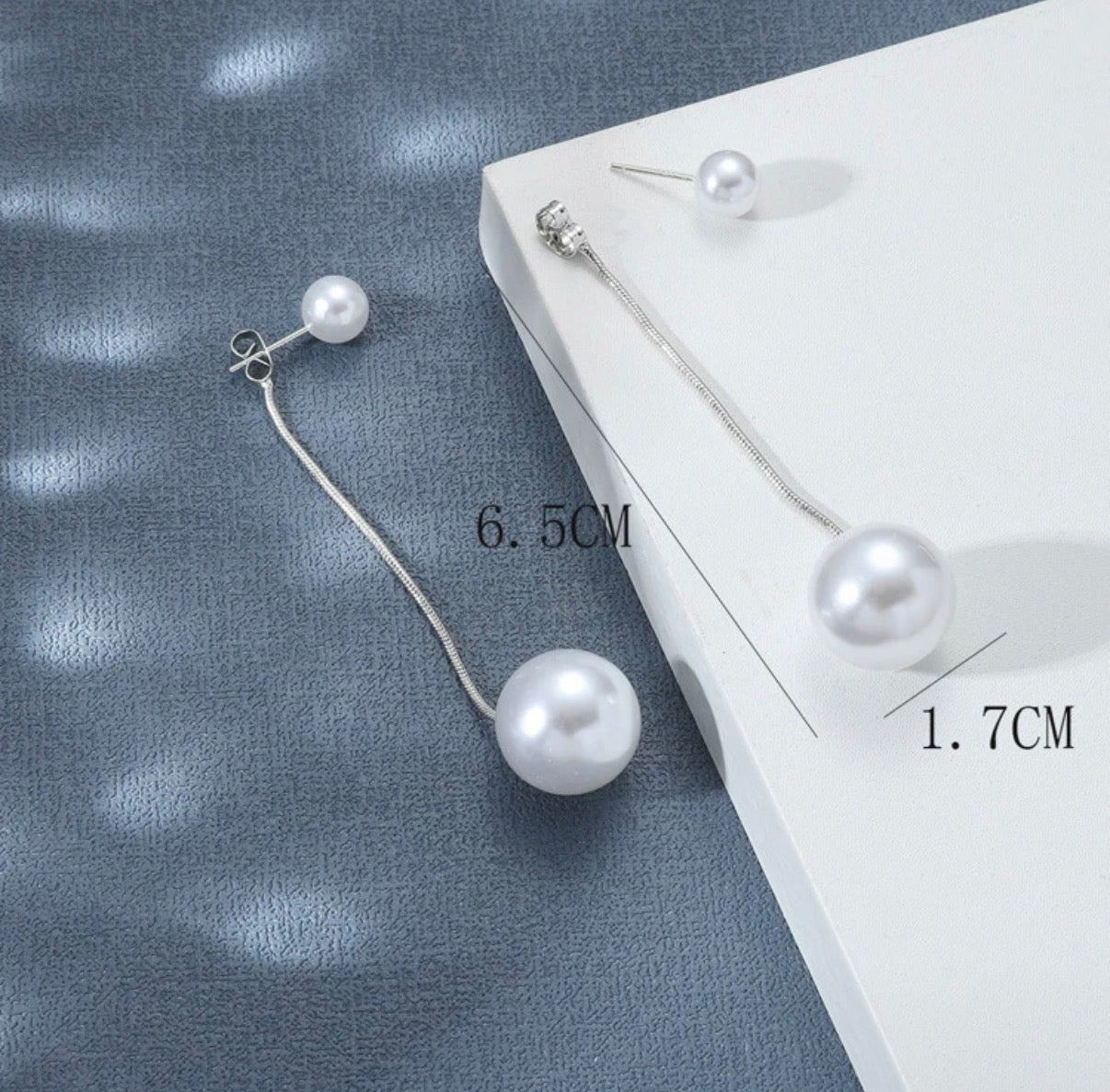 Silver Chain Dangle Earrings with Double Pearl Ball Accents
