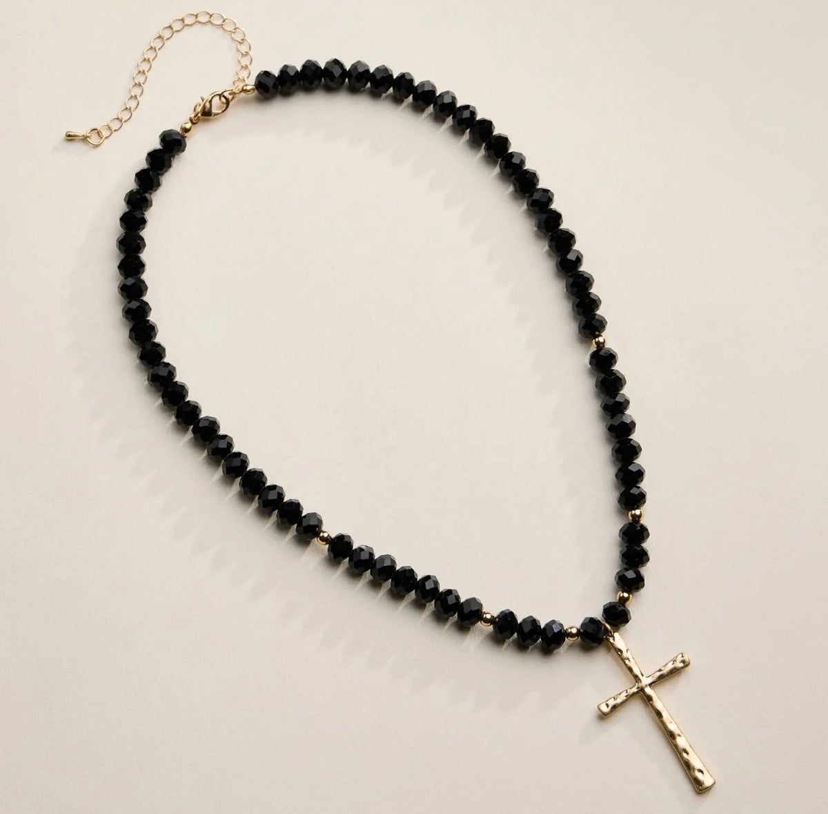 Black Beaded Necklace with Thin Hammered Cross