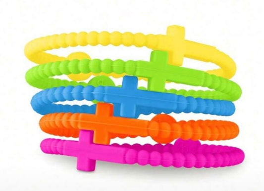 5 pc. “Wear to Share” Bright Neon/Colorful- Stretchy Cross Bracelets.