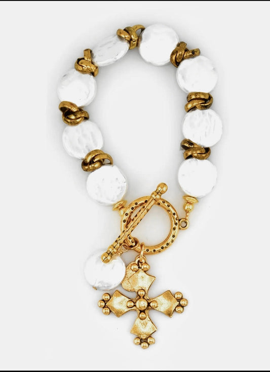 Preorder- Lavish Gold & Pearl Coin Toggle Bracelet with Intricate Cross & Pearl Coin Pendants