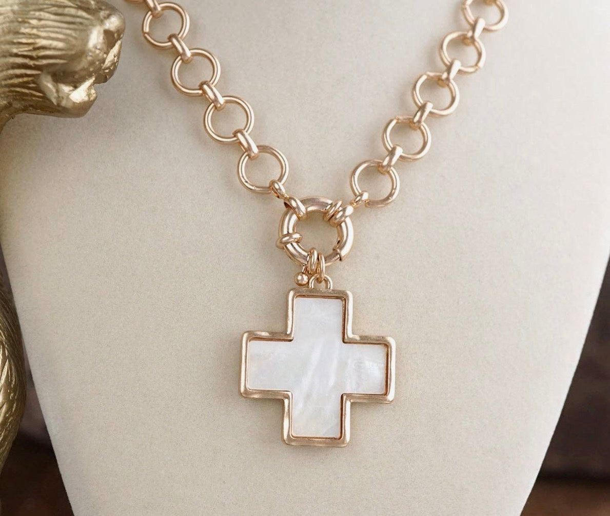 Gold Chain Necklace with Gold & Mother of Pearl Cross Pendant