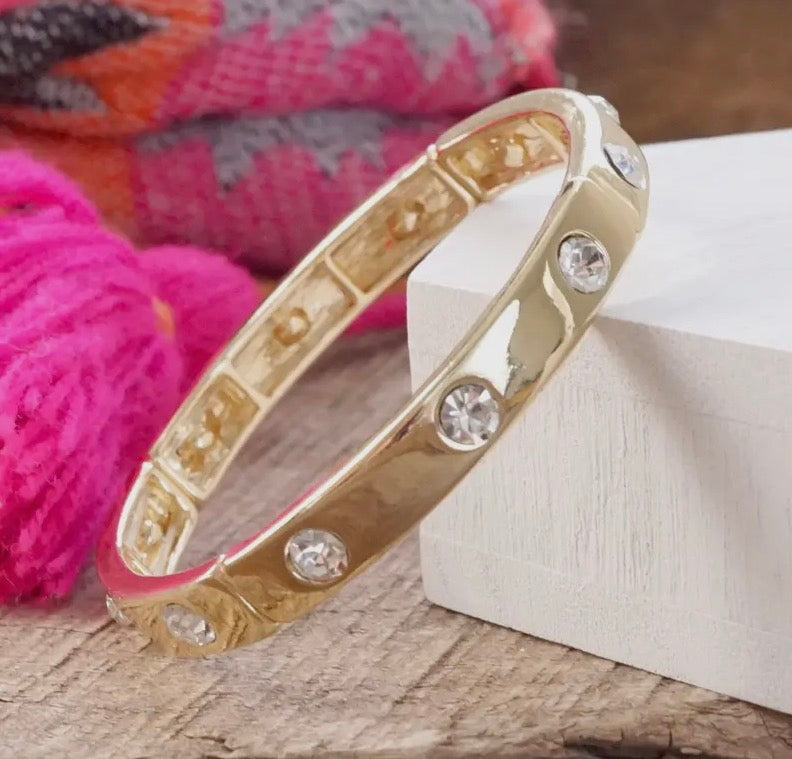 Gold Eternity Stretch Bangle Bracelet with Clear Crystals