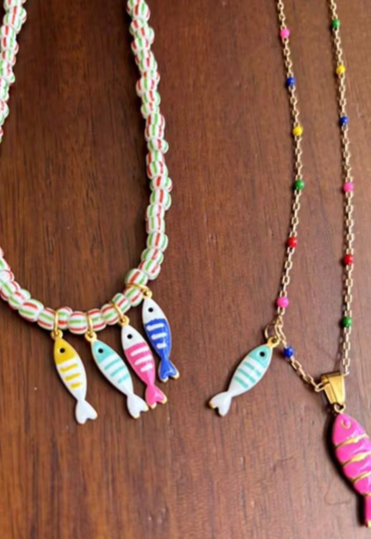 2 Piece Layered Fish Necklace Set - Both Colorful Beaded Necklaces with Miltiple Hanging Fish Charms