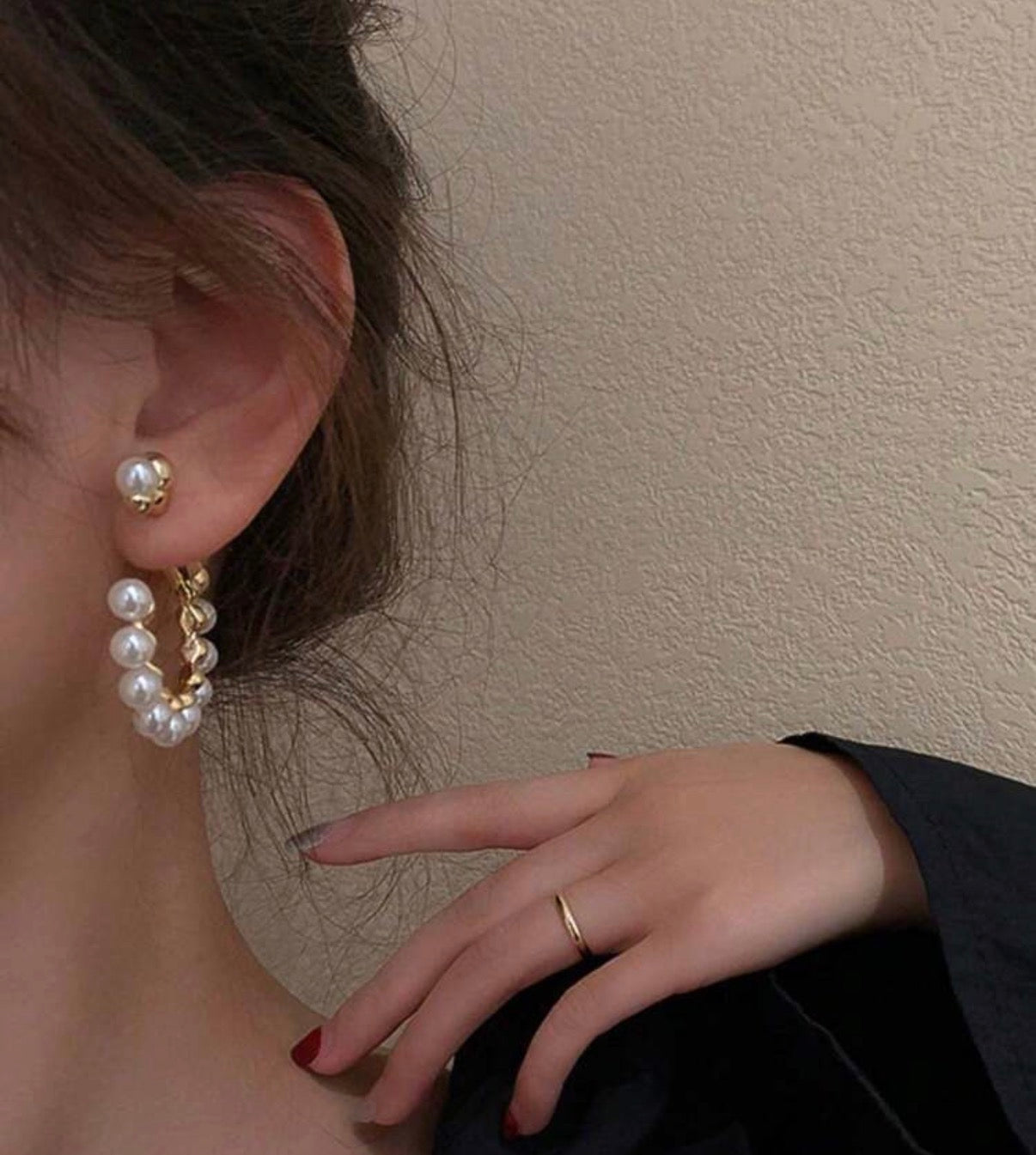 Large C-Shape Gold Hoops with Pearl Beaded Accents