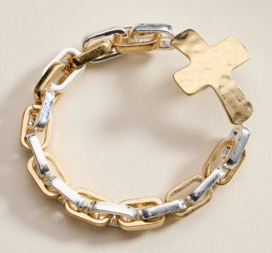 Two-Tone Hammered Cross Charm Stretch Bracelet