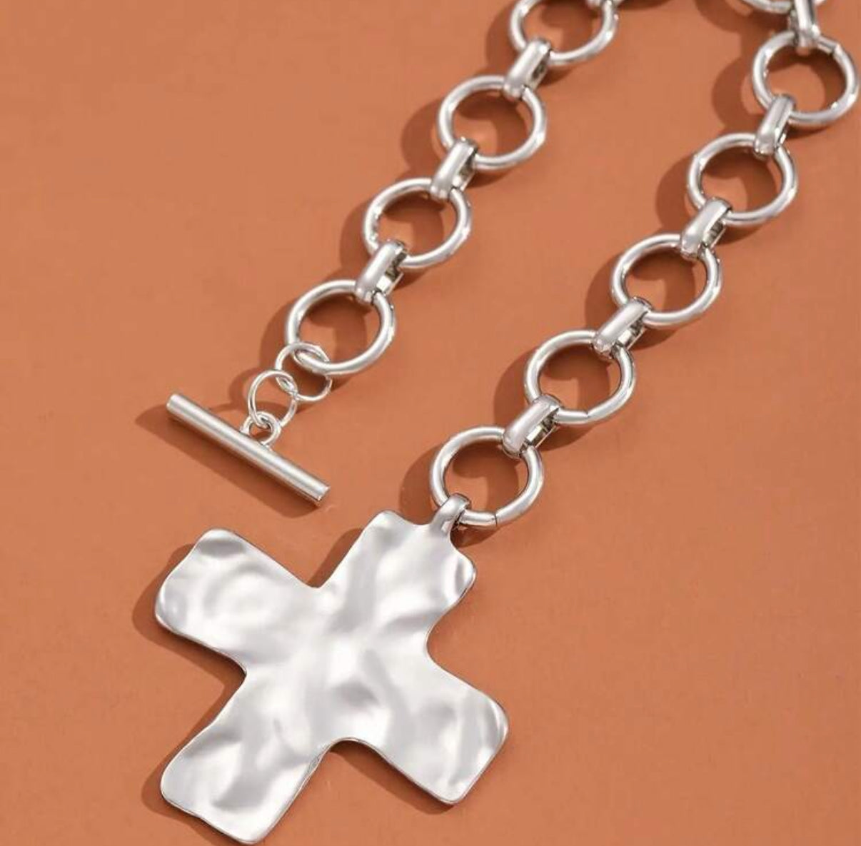 Silver Hammered Cross Pendant Toggle Chain Bracelet