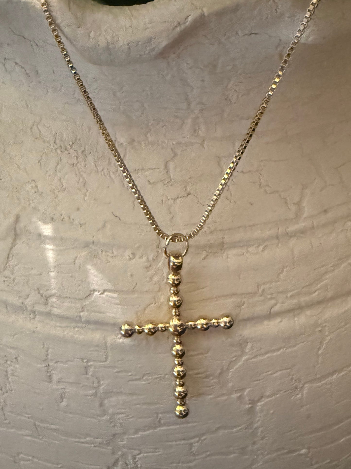 Gold Ball Bead Cross Pendant on Gold Box Chain Necklace