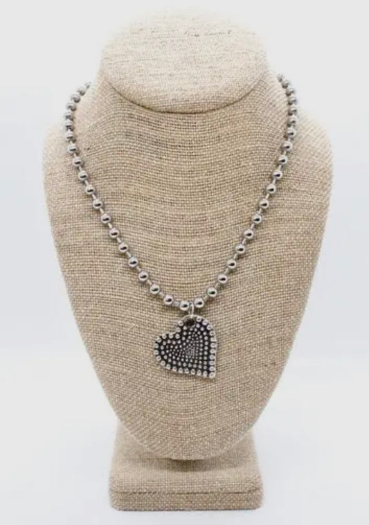Silver  Beaded Chain with Double Sided Dotted Heart Pendant