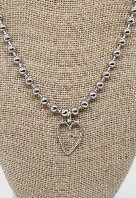 Small Open Silver Heart Pendant on Beaded Chain