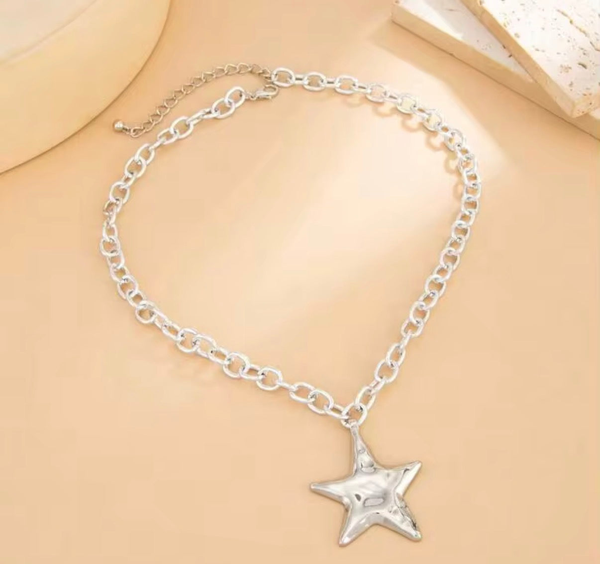 Silver Chain Necklace with 1.5” Silver Star Pendant.
