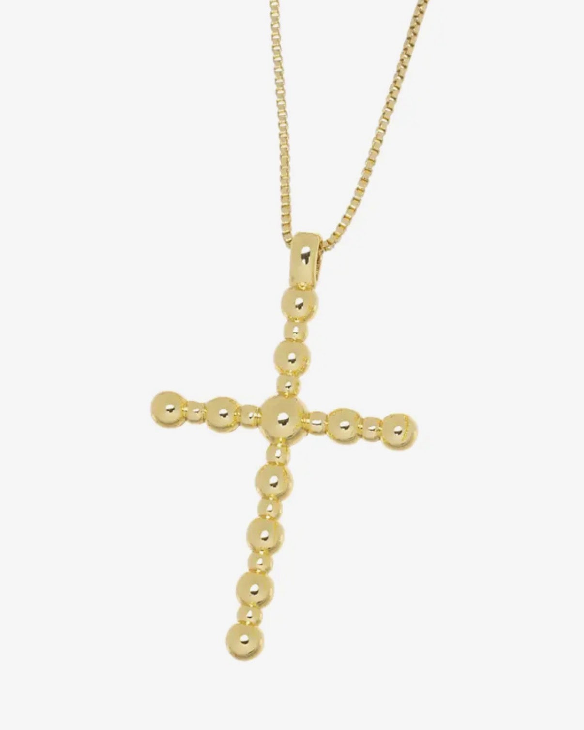 Gold Ball Bead Cross Pendant on Gold Box Chain Necklace
