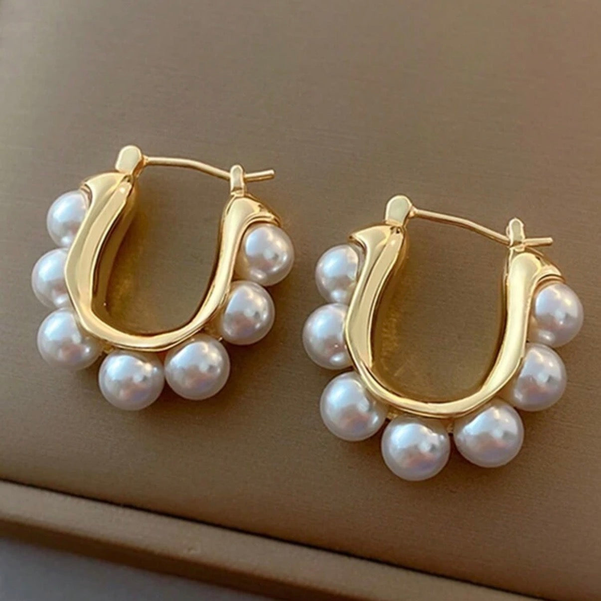 Gold Huggie Hoop Earrings with Pearl Beads