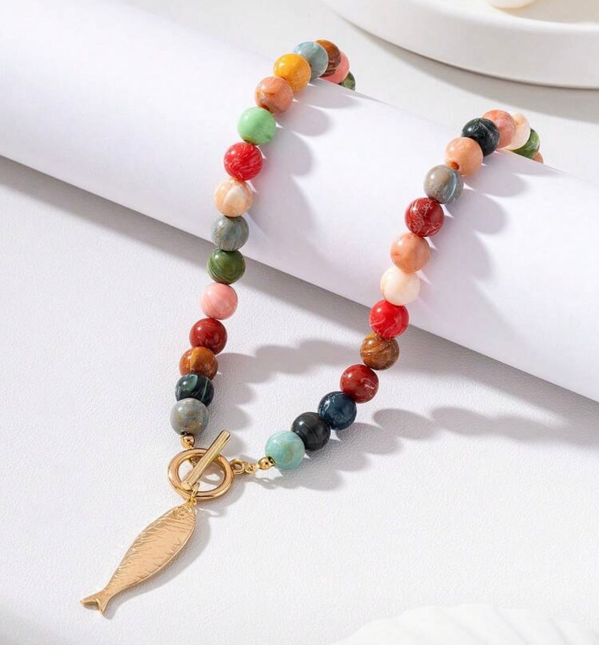 Colorful Beaded Gold Toggle Necklace with Large Fish Pendant