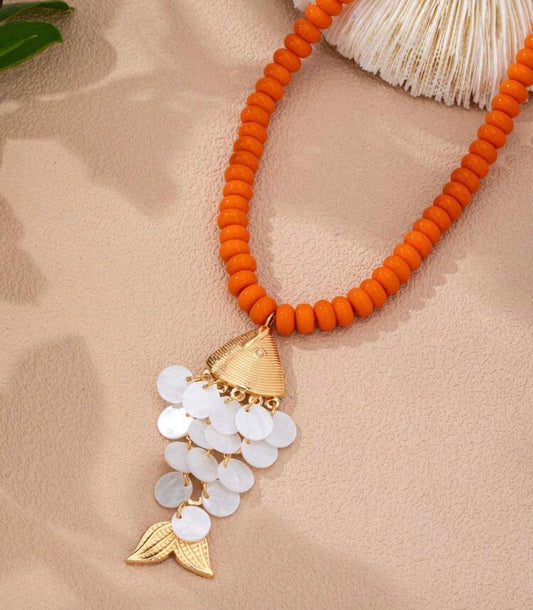 Vibrant Orange Beaded Necklace with Gold & White/Pearlish Bohemian Fish Pendant