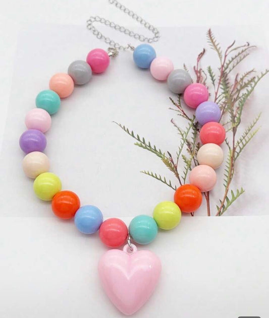 Candy Colors, Macaron Beaded Necklace with Dopamine Puffy Heart Pendant.