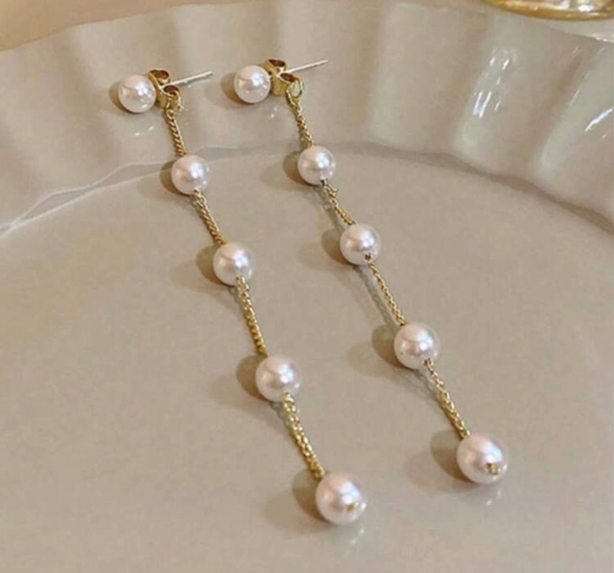 Long Gold Chain Drop Earrings with Pearl Accents