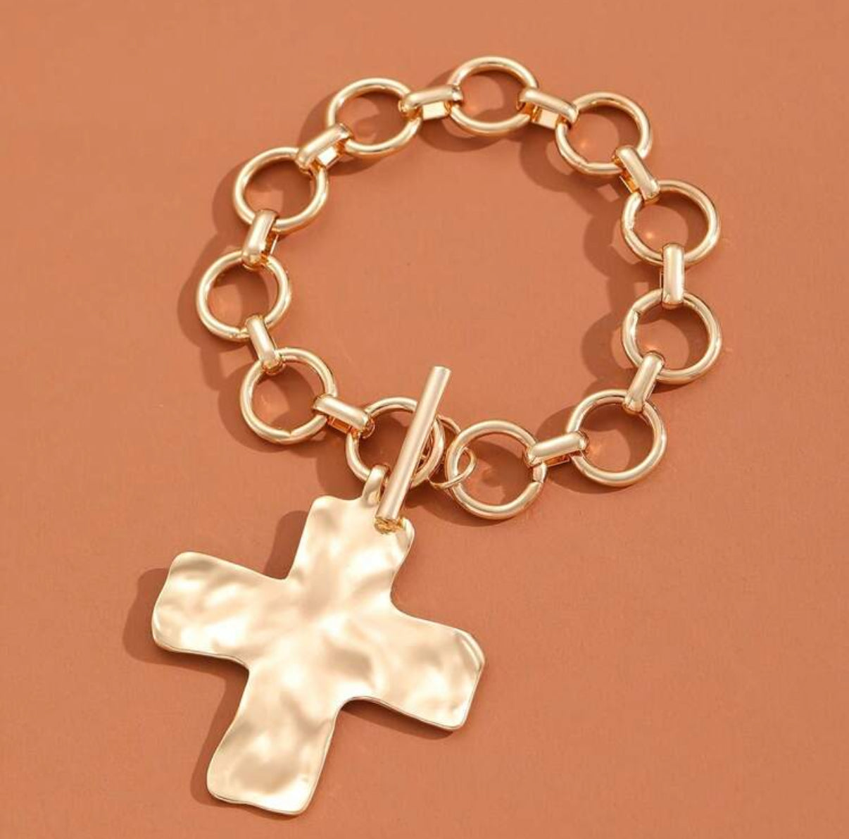 Gold Hammered Cross Pendant Toggle Chain Bracelet