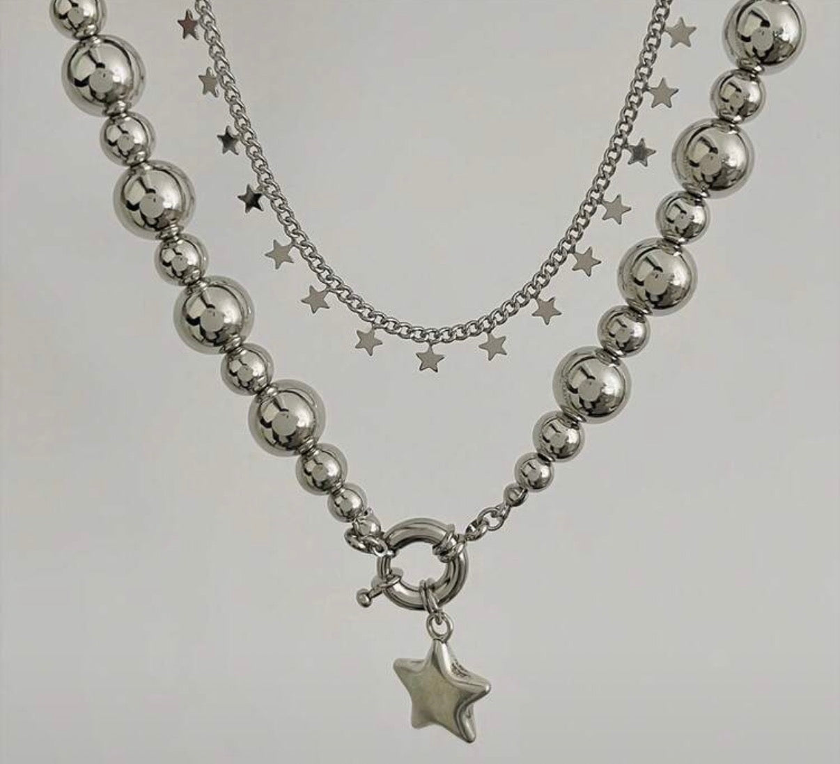 Silver Double Layered- Ball Beaded Chain with toggle/Star & Small Chain with Multiple Star Accent Necklace