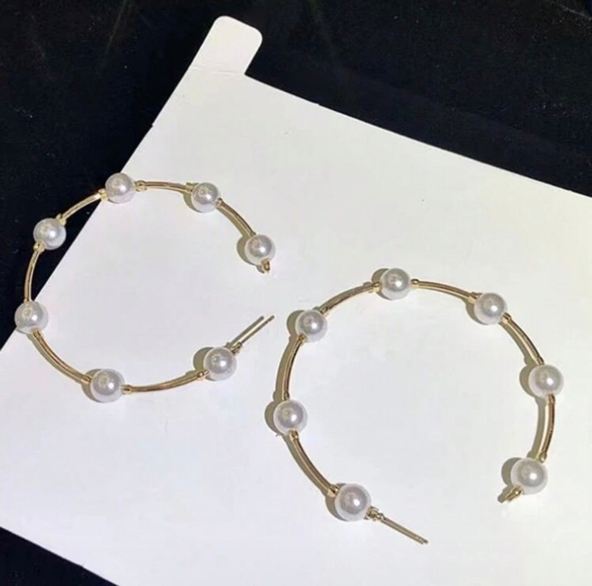 Large Gold Hoop Earrings with Pearl Ball Accents