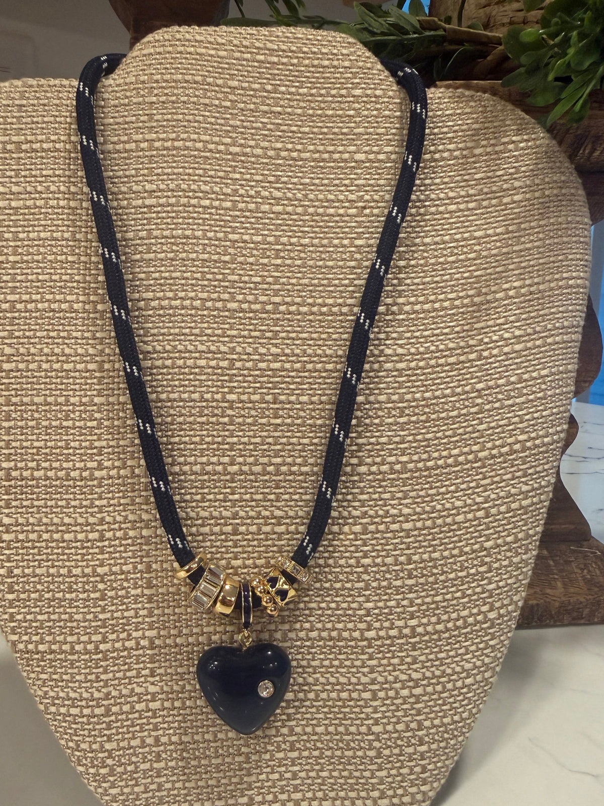 Navy Paracord Rope Choker with Gold & Enamel Charms, Navy Marbled Heart with Tiny Crystal Pendant