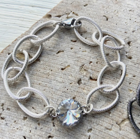 Chunky Silver Chain Link Bracelet with Swarovski Crystal