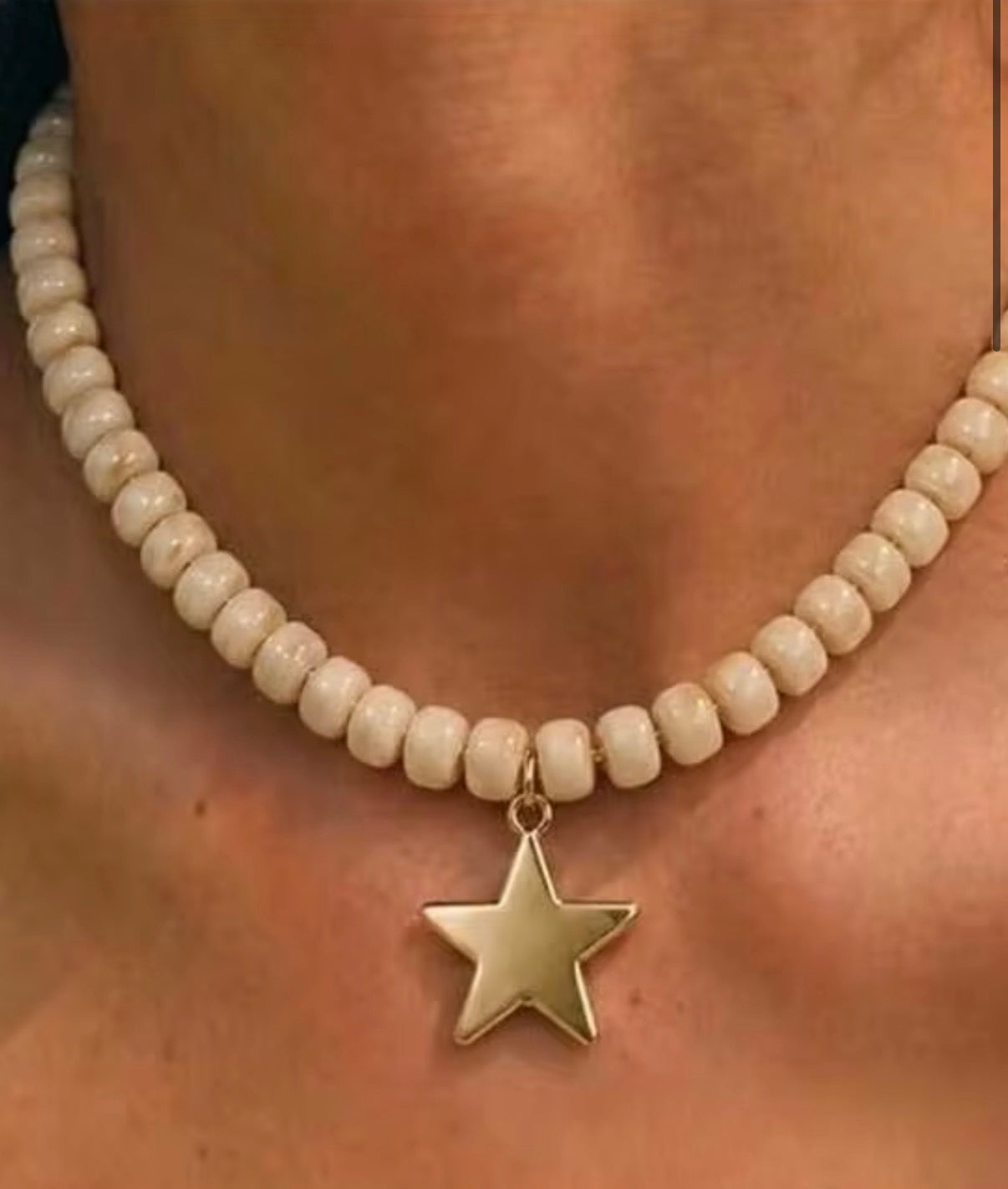 Milky white Barrel Beaded Necklace with gold Star Pendant