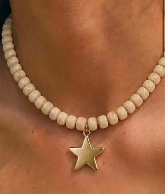 Milky white Barrel Beaded Necklace with gold Star Pendant