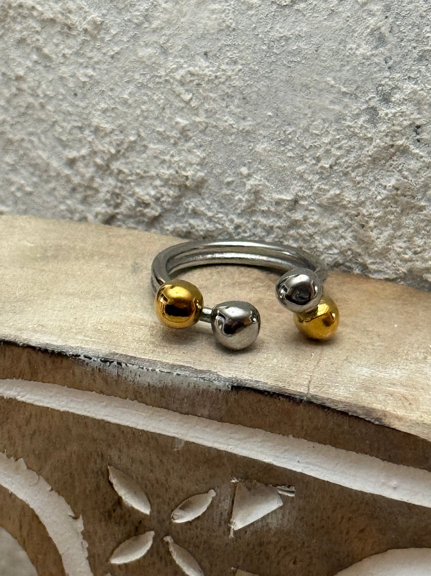 Two-Tone Silver Ring with Gold & Silver Ball Accents- Adjustable