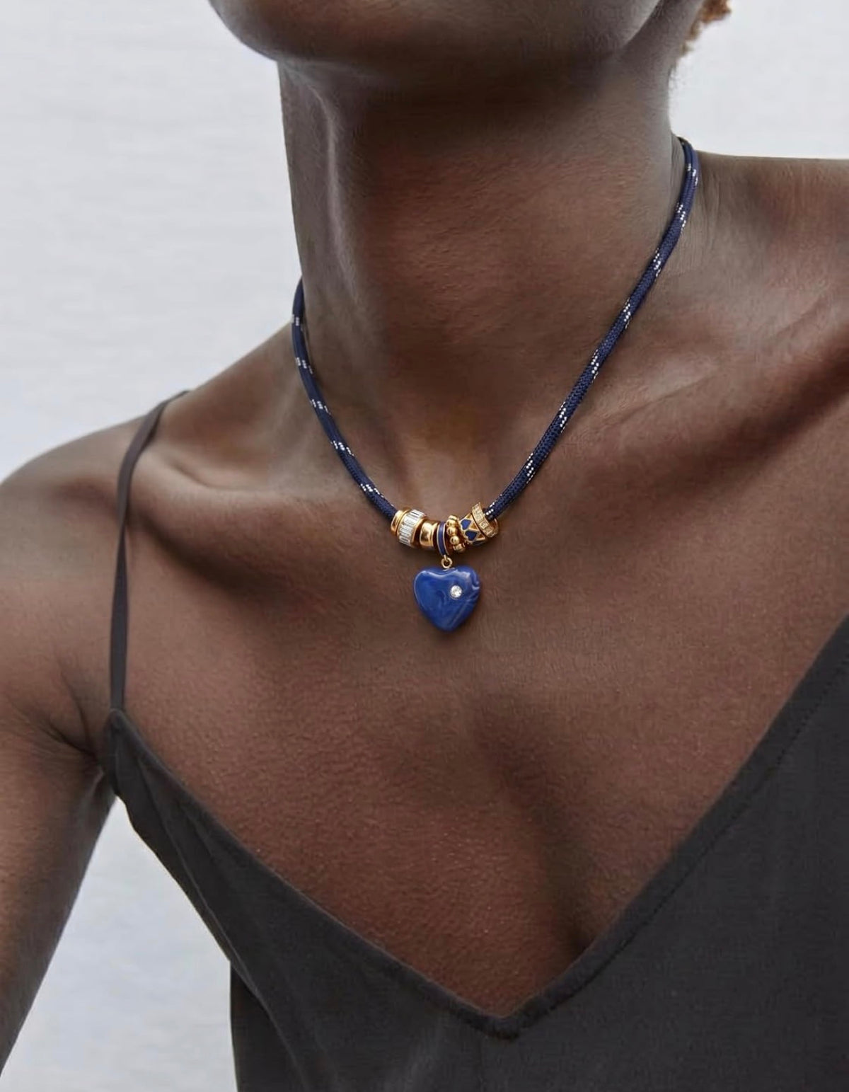 Navy Paracord Rope Choker with Gold & Enamel Charms, Navy Marbled Heart with Tiny Crystal Pendant
